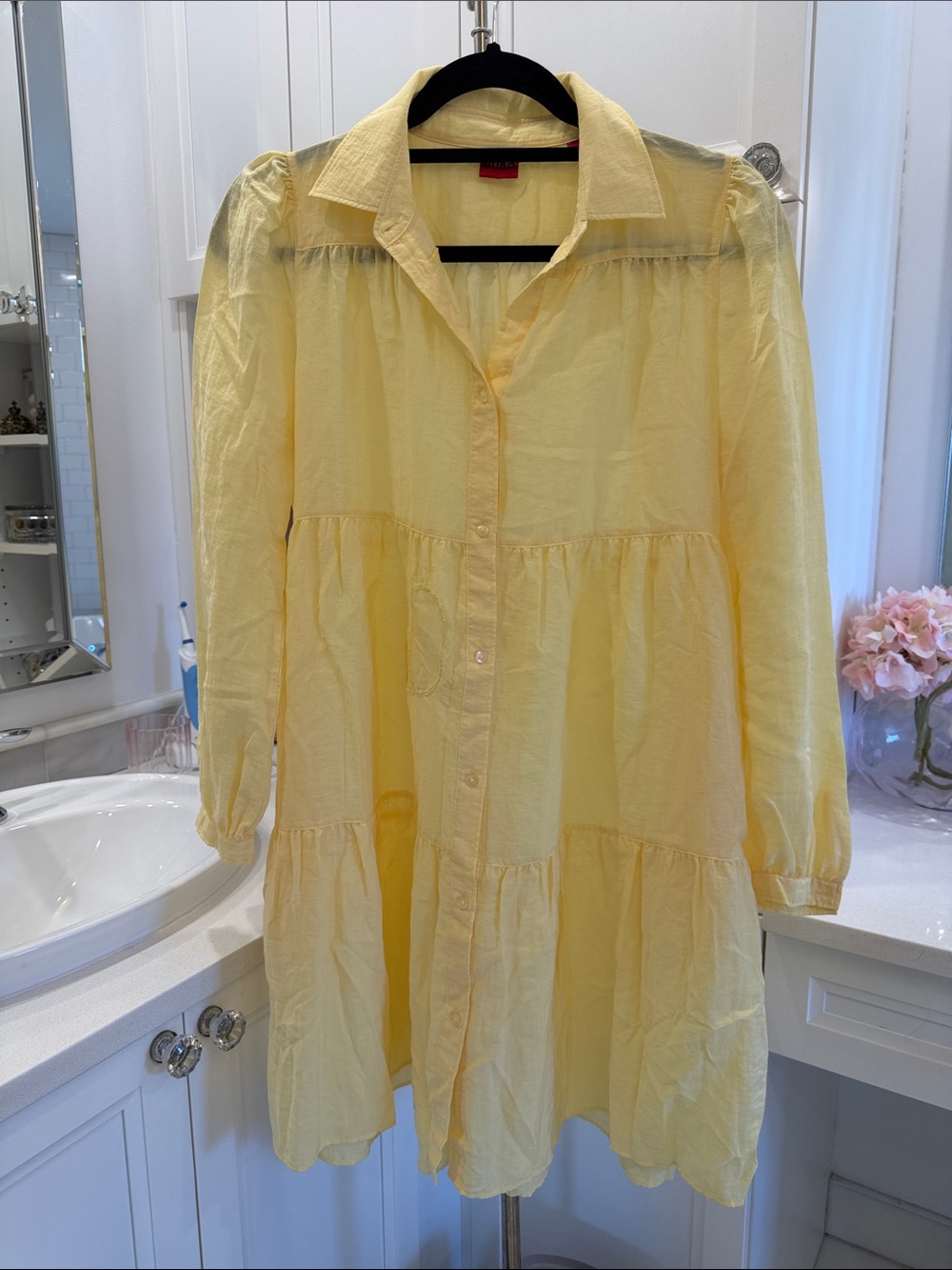 HUGO Light Yellow Tiered Button-Front Shirt Dress